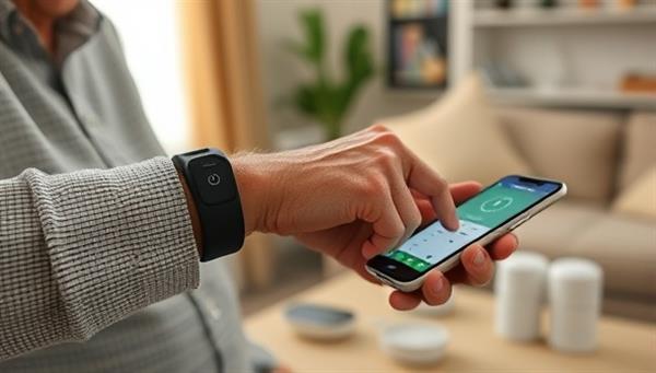 An elderly individual wearing a monitoring device on their wrist, with smart sensors placed around the living space, sending real-time data to a caregiver