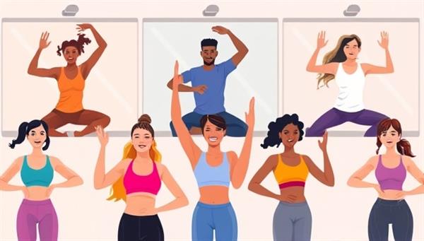 A vibrant digital illustration of diverse individuals participating in virtual fitness classes, each performing a different exercise, showcasing inclusivity and energy.