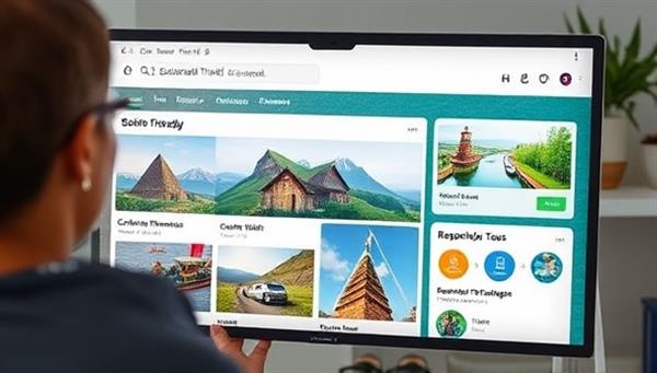 An online platform interface featuring a user searching for sustainable travel options, with eco-friendly accommodation listings, carbon-neutral transportation choices, and responsible tour packages displayed on the screen, highlighting the convenience and eco-conscious focus of the booking platform.