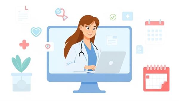 An illustration of a virtual healthcare concierge assisting a client on a computer screen, surrounded by medical icons and a calendar, symbolizing personalized guidance and support in the digital age.