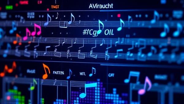 An AI interface displaying musical notes and patterns being generated in real-time, accompanied by visual representations of different music genres and styles, conveying the innovative and automated music composition process of MelodyForge.