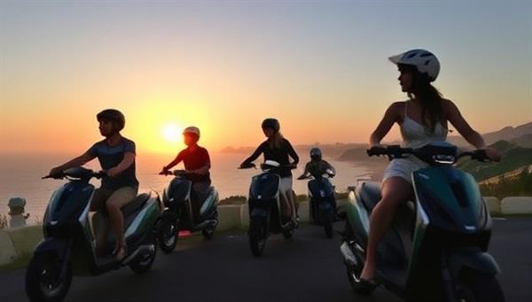 An exhilarating image of a group of adventurers on electric scooters exploring a scenic coastal route, with the sun setting in the background and landmarks visible along the path, embodying the spirit of discovery and eco-friendly travel offered by EcoQuest Rides