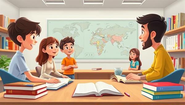 An inspiring digital illustration of a virtual classroom setting with animated language characters engaging in conversation, surrounded by language books and cultural artifacts, creating a dynamic and immersive learning environment.