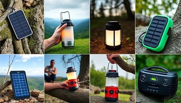 An image featuring a diverse range of portable solar-powered devices like solar chargers, lanterns, and outdoor speakers being used in various outdoor settings, highlighting the versatility and convenience of sustainable energy sources in outdoor activities.