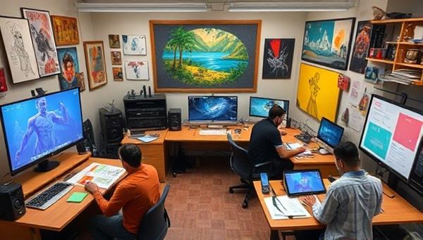 An artistic studio setup of PixelTales Studio featuring animators working on creative storyboards, digital tablets, and animation software, surrounded by colorful concept art and sketches, capturing the essence of visual storytelling and animation production in a dynamic and collaborative environment.