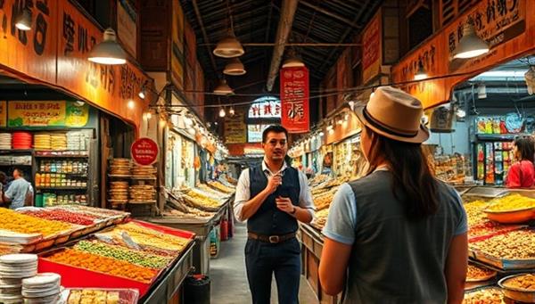 An exotic and immersive culinary travel experience scene featuring a virtual tour guide leading participants through a bustling food market in a foreign locale, with vibrant colors, aromatic spices, and diverse food stalls creating a sensory journey of exploration and discovery for Global Gastronomad