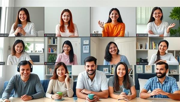 A diverse group of language learners engaging in a virtual study session, with participants from different cultural backgrounds interacting through video calls, language exercises, and digital flashcards, creating a vibrant and inclusive learning atmosphere.