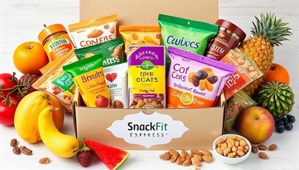 An assortment of colorful and nutritious snacks arranged in a beautifully designed snack box, surrounded by fresh fruits and nuts, conveying the variety and quality of snacks available through SnackFit Express