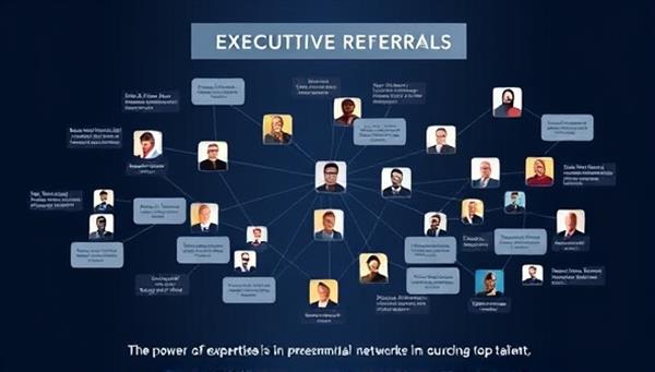 A sophisticated graphic illustrating a network map of executive referrals and connections, with key industry leaders and executives linked in a seamless web of recommendations, symbolizing trust and expertise in executive recruitment, with a tagline highlighting the power of professional networks in sourcing top talent.