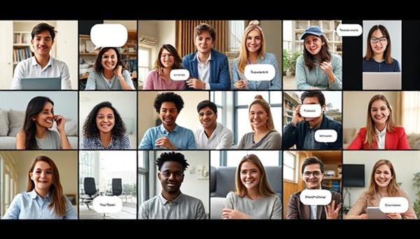 A split-screen image showing a diverse group of people engaged in virtual language exchange sessions, with speech bubbles representing different languages being spoken, symbolizing global communication and connection.