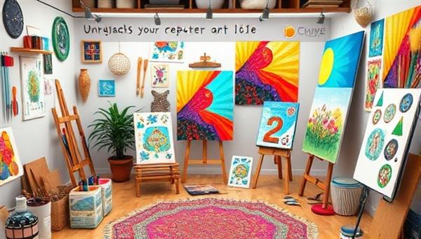A vibrant visual representation showcasing a virtual art workshop setting with colorful art supplies, creative tools, and finished art pieces displayed in a cozy studio environment, inspiring participants to unleash their creativity and join the online artistic experience.