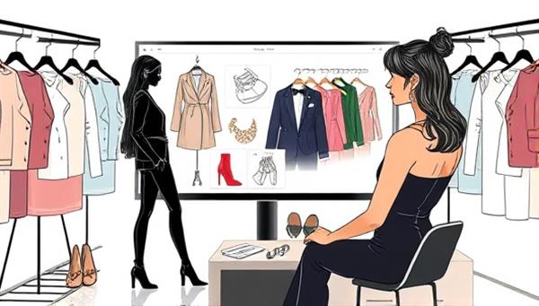 A stylish digital illustration of a virtual fashion styling session, featuring a stylist presenting clothing options and accessories on a screen to a client, surrounded by fashion sketches, fabric swatches, and trendy outfit combinations, exuding glamour and sophistication in the virtual styling experience.