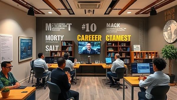 An inspiring virtual career center setting with professionals engaging in mentorship sessions, career workshops, and skill-building activities, surrounded by motivational quotes, industry insights, and a collaborative networking atmosphere, guiding individuals towards their career goals.