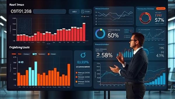 A sleek data dashboard displaying real-time analytics and insights on digital advertising performance, with a consultant discussing strategies with a client in a modern office setting, symbolizing the data-driven and personalized approach of the consultancy.