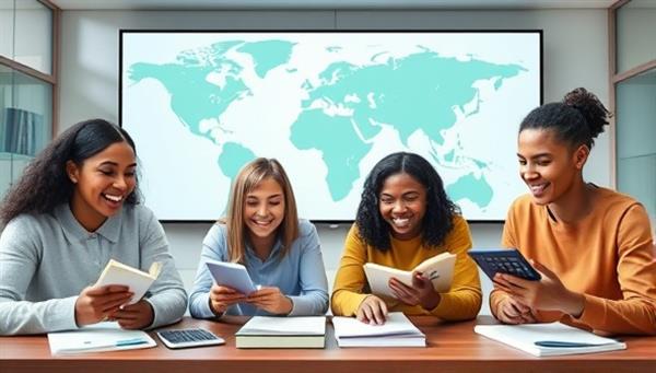An engaging visual of diverse individuals engaged in a virtual classroom setting, with financial literacy books, calculators, and digital devices, symbolizing empowerment and knowledge-sharing in financial education, set against a backdrop of a digital globe to represent global reach.