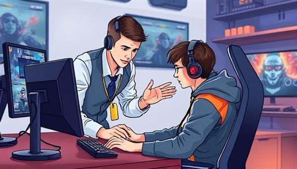 An illustration of a professional esports coach providing guidance to a focused gamer in a training session, surrounded by gaming equipment and strategic gameplay visuals, highlighting the expert mentorship and training offered by ProGamer Mentor.