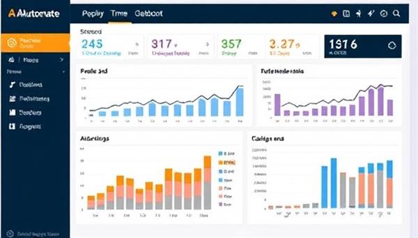 An advanced dashboard interface displaying real-time analytics and performance metrics of social media ad campaigns, with AI algorithms optimizing ad placements and budgets, illustrating the efficiency and effectiveness of AdAutomate