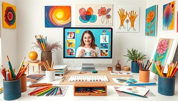 A therapeutic virtual art therapy workshop scene with an art therapist guiding participants through a creative art activity via video call, surrounded by colorful art supplies, expressive artworks, soothing music, and a supportive healing environment, nurturing emotional well-being and artistic growth.