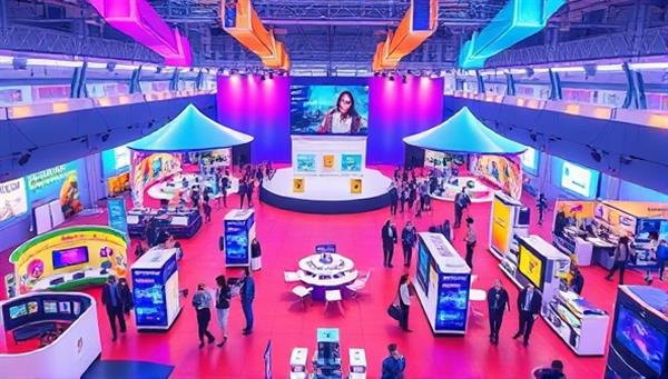 A vibrant digital illustration of a virtual event space filled with interactive booths, stages, and networking areas, conveying the versatility and excitement of hosting events online.