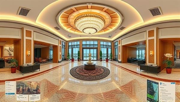 An immersive 360-degree virtual tour of a luxurious hotel lobby, showcasing the interactive navigation and detailed views of the space, inviting viewers to explore further.