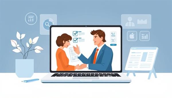 A professional virtual career coaching session illustration, featuring a career coach providing guidance and advice to a professional on a laptop screen, with career development resources and job search tools displayed in the background, creating a focused and supportive environment for career advancement.