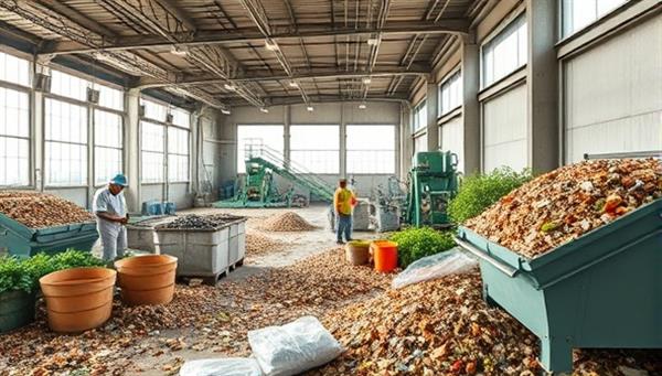 An image depicting the transformation of agricultural waste into compost and biofuels in a modern upcycling facility, with workers sorting and processing organic materials into eco-friendly products, showcasing the sustainability and innovation in waste management.