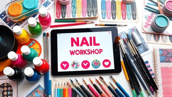 An artistic table setup with colorful nail polish bottles, intricate nail art brushes, and a digital tablet displaying a live virtual nail art workshop, surrounded by vibrant nail art designs and patterns, exuding creativity and inspiration for aspiring nail artists.