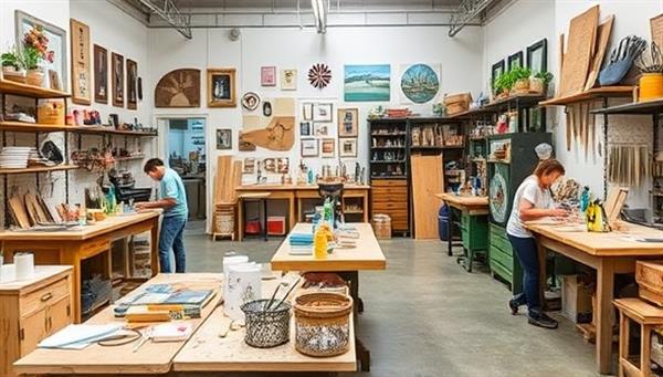 A vibrant workshop setting with artisans working on various projects, surrounded by tools, materials, and inspirational decor, creating a dynamic and collaborative space at CraftHub Pop-Up Studio for makers to unleash their creativity.