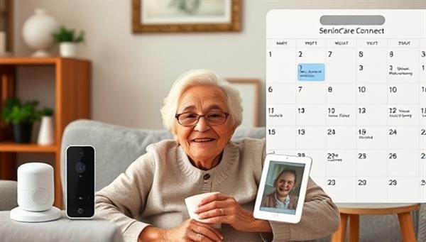 A heartwarming image of a family video call with an elderly relative, surrounded by digital health monitoring devices and a calendar with caregiver appointments scheduled, showcasing the convenience and care provided by the SeniorCare Connect platform.