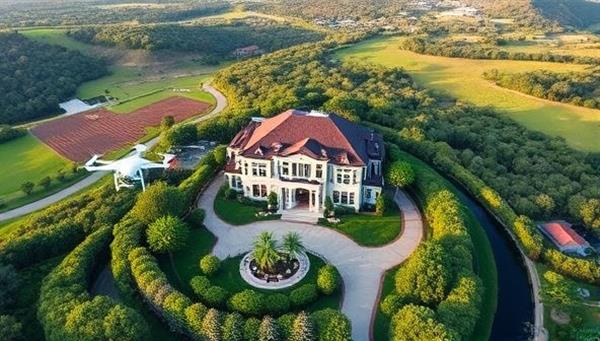 An aerial view of a luxurious residential property surrounded by lush greenery and scenic landscapes, captured by a drone and showcasing the unique selling points and beauty of the real estate location, symbolizing the expertise and quality of SkyView Estates drone photography services.