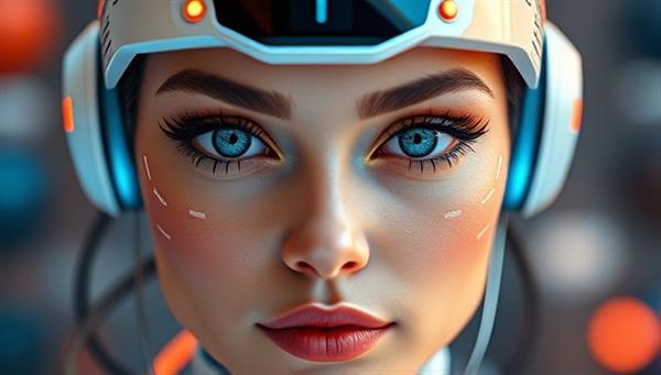 An eye-catching digital artwork showcasing a virtual influencer with futuristic features and a brand logo subtly integrated into the design, symbolizing the blending of AI and marketing strategies.