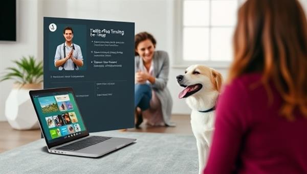 An engaging virtual pet training session with a professional trainer demonstrating positive reinforcement techniques with a dog, showcasing interactive training tools and a happy, well-behaved pet, emphasizing the benefits of online training for pet owners.