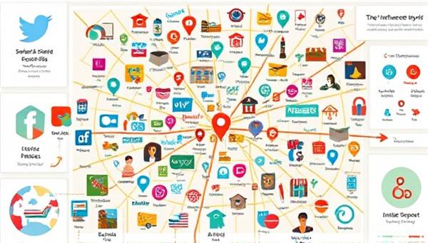 A vibrant map illustration highlighting a diverse range of local businesses intersecting with social media icons, representing the connection between the physical and digital worlds through micro-influencer partnerships.
