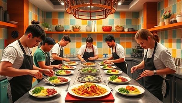 A vibrant virtual kitchen setting with participants cooking up a storm, chopping, stirring, and plating dishes in a dynamic and colorful culinary challenge environment that exudes creativity, passion, and the joy of cooking in a virtual cooking competition.