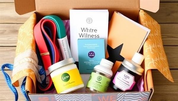 A vibrant and colorful subscription box filled with travel-sized wellness products like resistance bands, herbal teas, skincare minis, and a travel journal, evoking a sense of adventure, relaxation, and self-care for on-the-go travelers, inspiring wellness journeys.