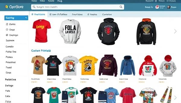 An online store interface showcasing a variety of custom printed apparel options, with vibrant and trendy designs displayed on t-shirts, hoodies, and accessories, reflecting individuality and style in fashion choices.