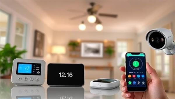 A smart home setup with interconnected devices, including a smart thermostat, lighting system, and security camera, controlled through a mobile app interface, showcasing the convenience and modernity of smart home living.