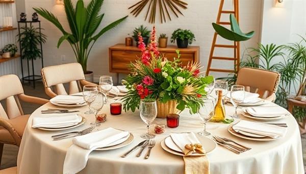 A stylish event setup featuring a beautifully arranged table with EcoEats biodegradable tableware, adorned with vibrant organic decorations and sustainable accents, embodying the elegance and eco-friendliness of environmentally conscious dining solutions.