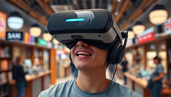 An immersive VR headset displaying a user exploring a virtual language marketplace, engaging in conversations with AI characters in different languages, illustrating the interactive and immersive nature of the language learning platform.