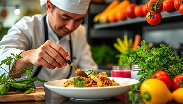 An enticing culinary scene featuring a chef preparing a gourmet dish with insect protein, surrounded by fresh herbs and colorful vegetables, showcasing the culinary potential and eco-friendly aspect of insect farming for sustainable protein production.