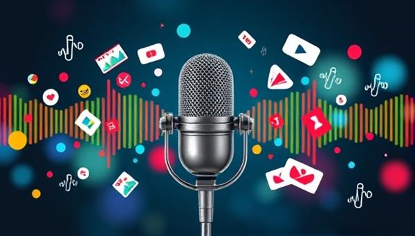 An engaging digital design featuring a podcasting microphone surrounded by colorful sound waves and advertising icons, symbolizing the connection between podcast content creation and targeted advertising opportunities, capturing the essence of podcast monetization.