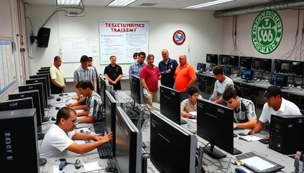 An educational setting with students engaged in hands-on training with telecommunications equipment, surrounded by instructors and industry professionals, illustrating a dynamic learning environment at the Telecommunications Training Academy.