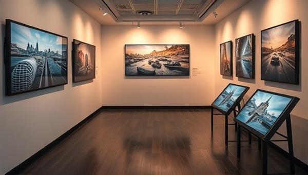 An artistic and captivating virtual gallery setting featuring a curated photography exhibition, with striking images displayed on digital screens, soft lighting enhancing the visual impact, and digital frames showcasing detailed compositions, creating a mesmerizing and immersive photography experience.