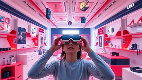 An immersive AR experience showing a virtual room filled with interactive products floating in the air, with a user wearing AR glasses and exploring the catalog, creating a futuristic and engaging shopping environment, symbolizing the innovative nature of ARtalog.