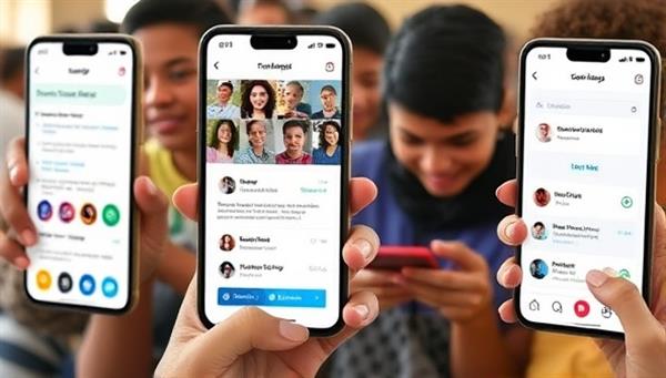 An interactive mobile app interface displaying various community engagement features like surveys, feedback forms, and live chat options, with diverse community members using the platform on their smartphones, showcasing inclusivity and connectivity.