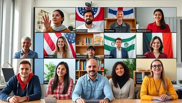 A vibrant and diverse virtual classroom setting with people from different cultures engaging in language exchange activities via video calls, showcasing a dynamic and inclusive learning environment.