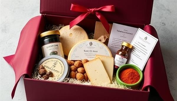 An elegantly designed subscription box filled with gourmet treats, artisanal cheeses, exotic spices, and handwritten recipe cards, exuding a sense of luxury, discovery, and culinary indulgence, ideal for gifting or personal enjoyment.