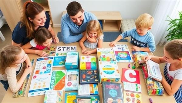 An array of colorful and engaging STEM learning kits laid out on a table, surrounded by young children enthusiastically exploring the contents, with parents looking on proudly, highlighting the fun and educational aspects of the subscription service.