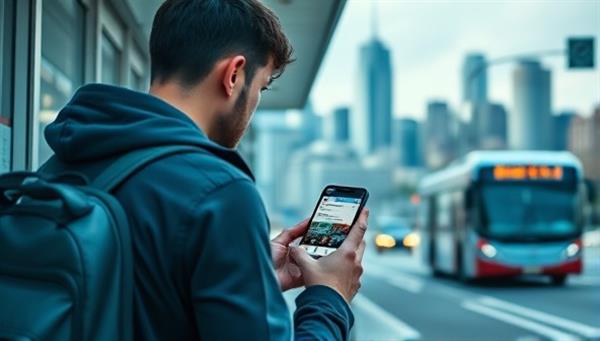 A digital interface showing a commuter receiving real-time traffic updates on their smartphone while waiting at a bus stop, with a city skyline in the background, illustrating convenience and personalized assistance.