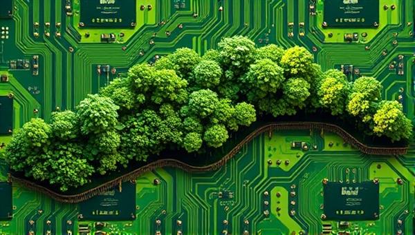 An artistic depiction of a circuit board morphing into a lush green landscape, symbolizing the transformation of e-waste into sustainable and environmentally friendly tech solutions, with a tagline "Tech Reborn, Nature Restored."